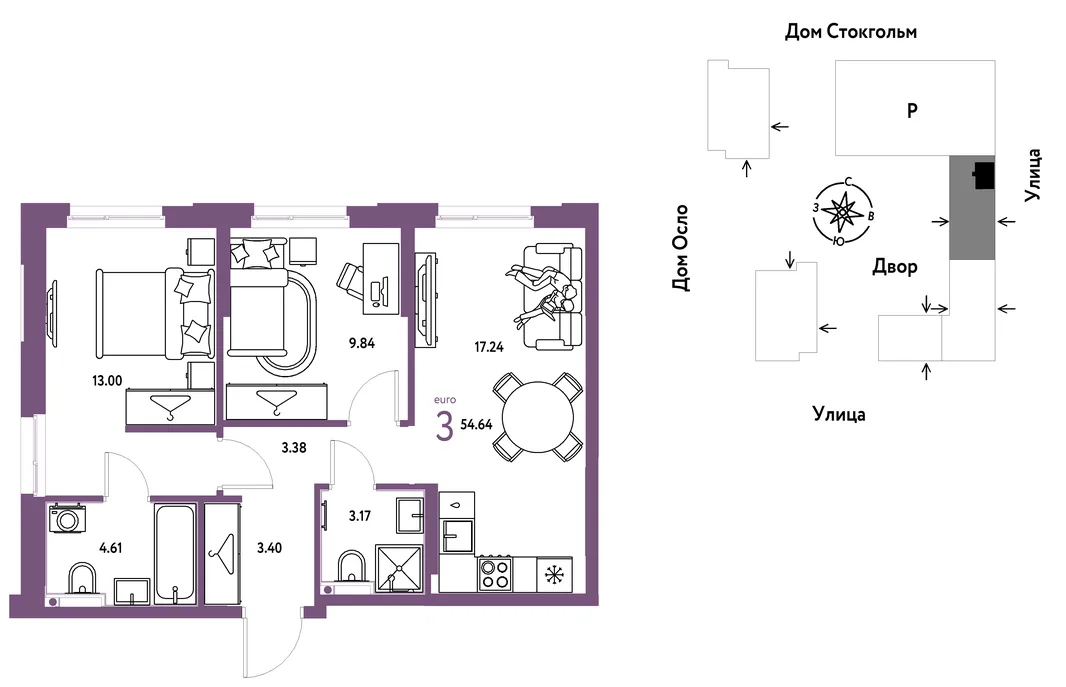 Планировка 3-комн. квартира, 54.64 м² ЖК «Европейский берег 2.0»