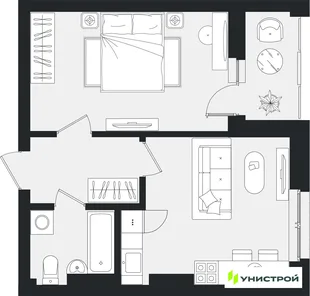 Планировка 1-комн. квартира, 42.57 м² ЖК «Уникум на Ленинском»