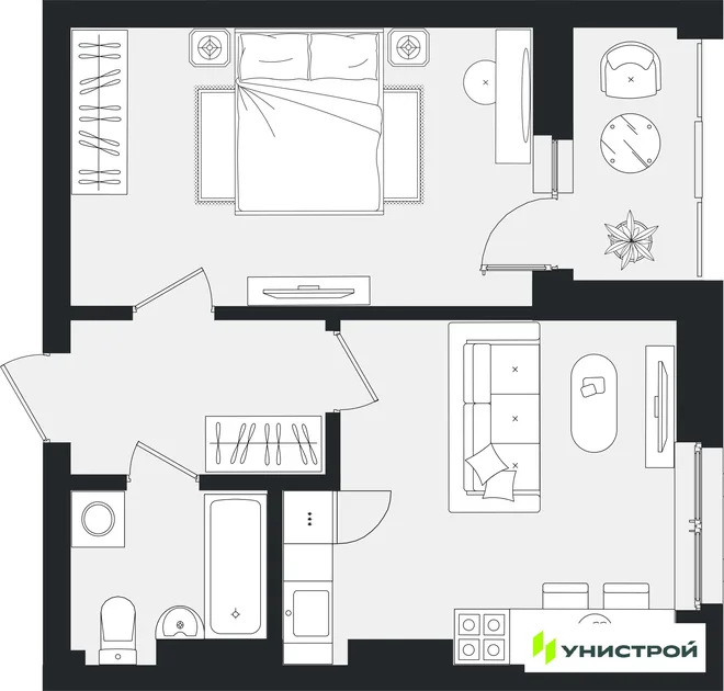 Планировка 1-комн. квартира, 42.57 м² ЖК «Уникум на Ленинском» Планировка 1-комн. квартира, 42.57 м² ЖК «Уникум на Ленинском»