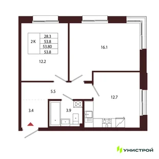 Планировка 2-комн. квартира, 53.8 м² ЖК «Лисино»