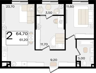 Планировка 2-комн. квартира, 64.7 м² ЖК «Патрики»
