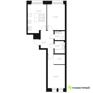 Планировка 2-комн. квартира, 64.09 м² ЖК «Statum»