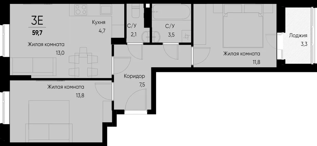Планировка 3-комн. квартира, 59.7 м² ЖК «Васильевский остров»