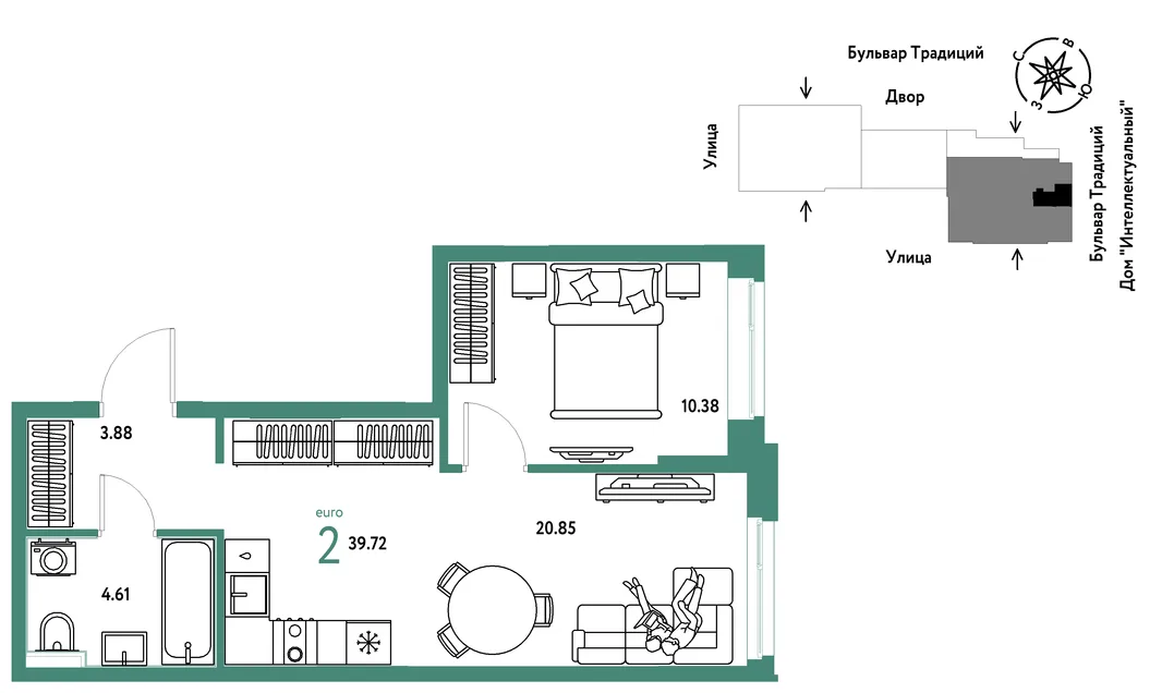 Планировка 2-комн. квартира, 39.72 м² ЖК «Микрорайон Домашний»