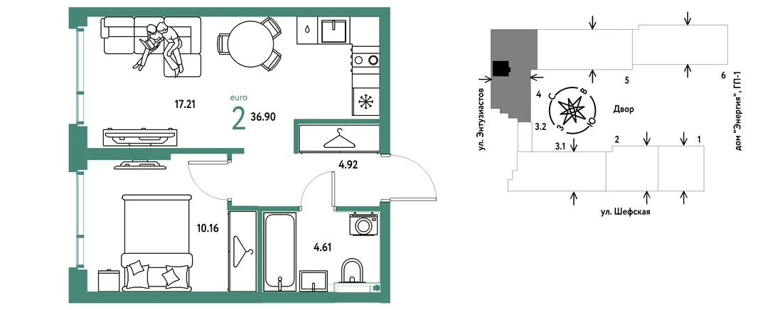 Планировка 2-комн. квартира, 36.9 м² ЖК «Страна.Энтузиастов»