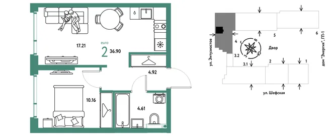Планировка 2-комн. квартира, 36.9 м² ЖК «Страна.Энтузиастов» Планировка 2-комн. квартира, 36.9 м² ЖК «Страна.Энтузиастов»