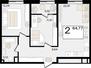 Планировка 2-комн. квартира, 64.77 м² ЖК «Патрики»