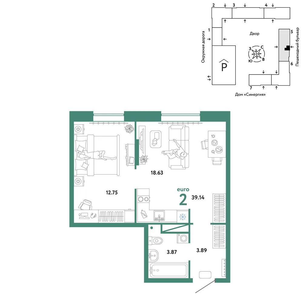 Планировка 2-комн. квартира, 39.14 м² ЖК «Юнион»