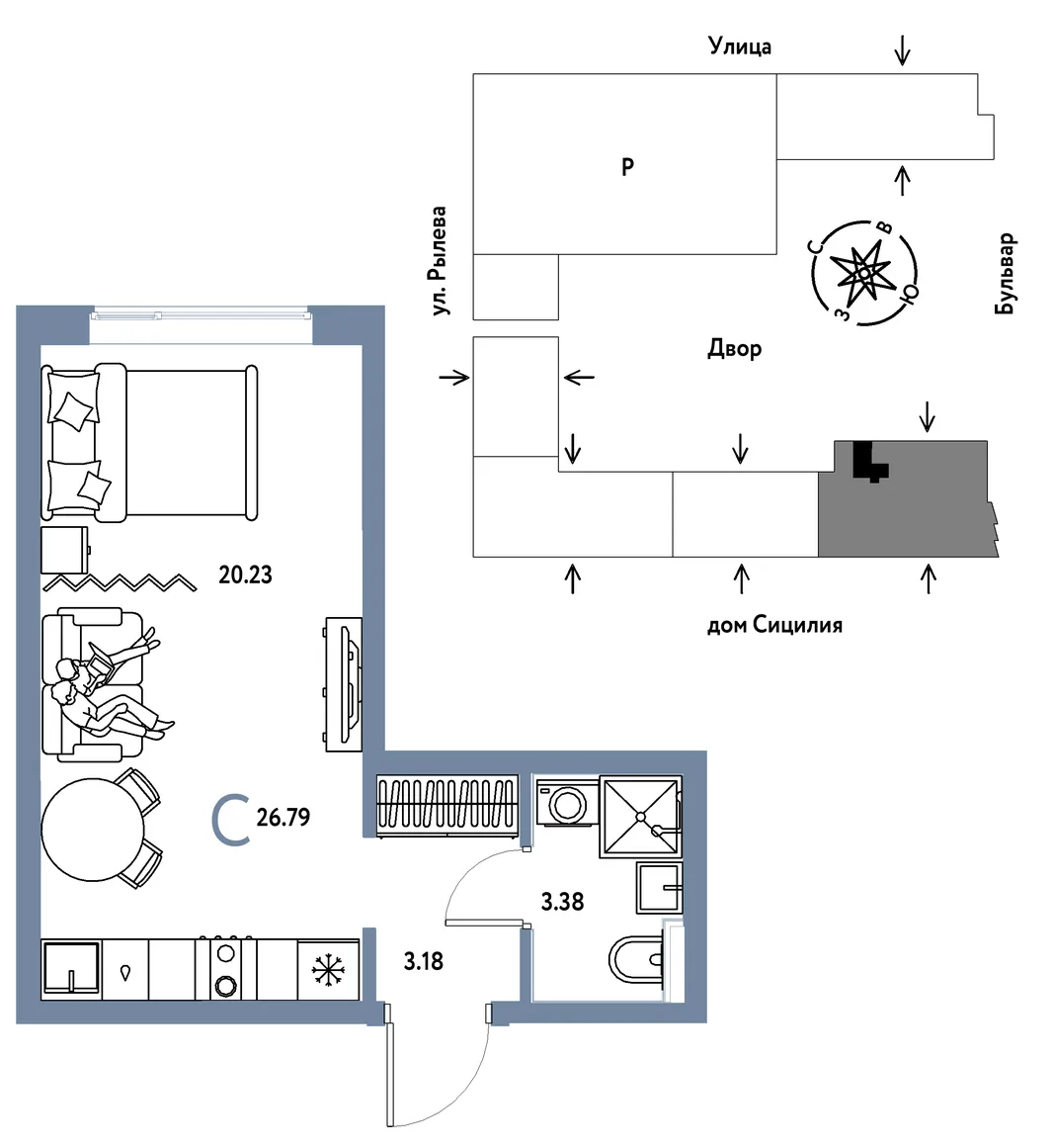Планировка Студия, 26.79 м² ЖК «Остров-сад»