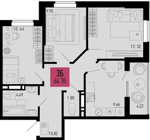 Планировка 3-комн. квартира, 64.1 м² ЖК «Столицыно»