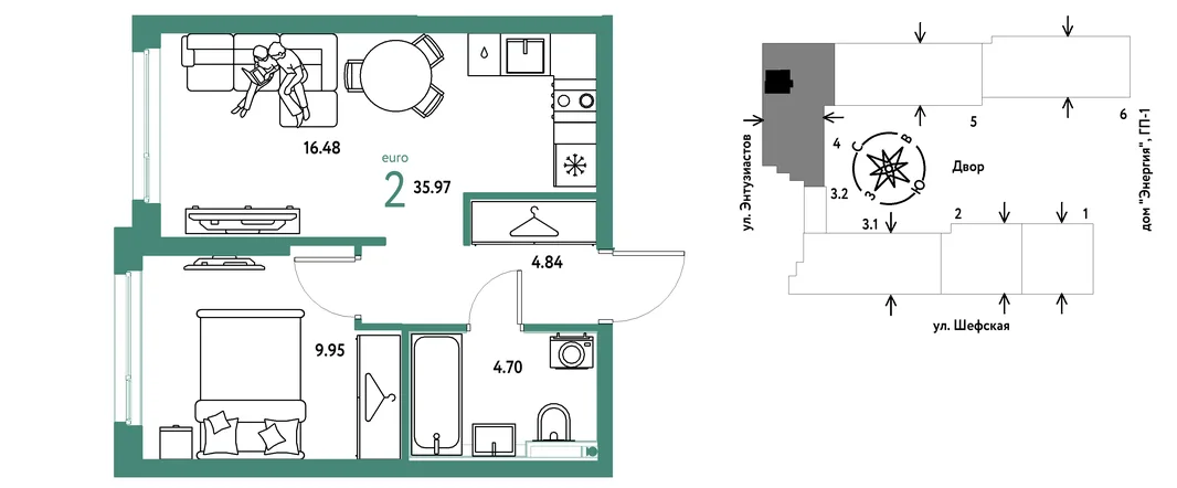 Планировка 2-комн. квартира, 35.97 м² ЖК «Страна.Энтузиастов»