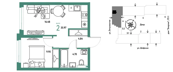 Планировка 2-комн. квартира, 35.97 м² ЖК «Страна.Энтузиастов» Планировка 2-комн. квартира, 35.97 м² ЖК «Страна.Энтузиастов»