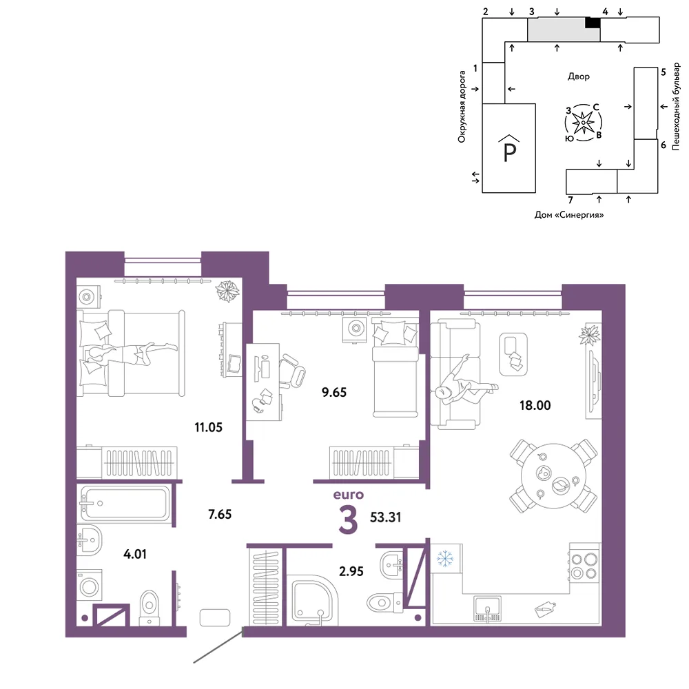 Планировка 3-комн. квартира, 53.31 м² ЖК «Юнион»