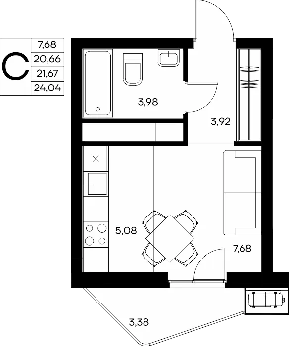 Планировка Студия, 24.04 м² ЖК «Прибрежный дом»