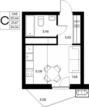 Планировка Студия, 24.04 м² ЖК «Прибрежный дом»