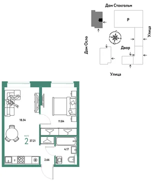 Планировка 2-комн. квартира, 37.21 м² ЖК «Европейский берег 2.0»