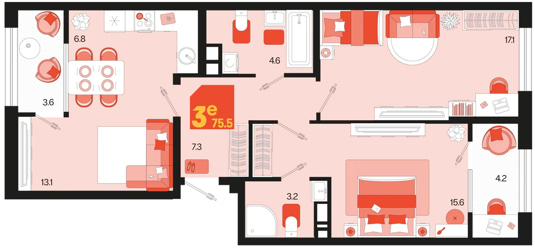 Планировка 3-комн. квартира, 75.5 м² ЖК «Первое место»