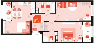 Планировка 3-комн. квартира, 75.5 м² ЖК «Первое место»