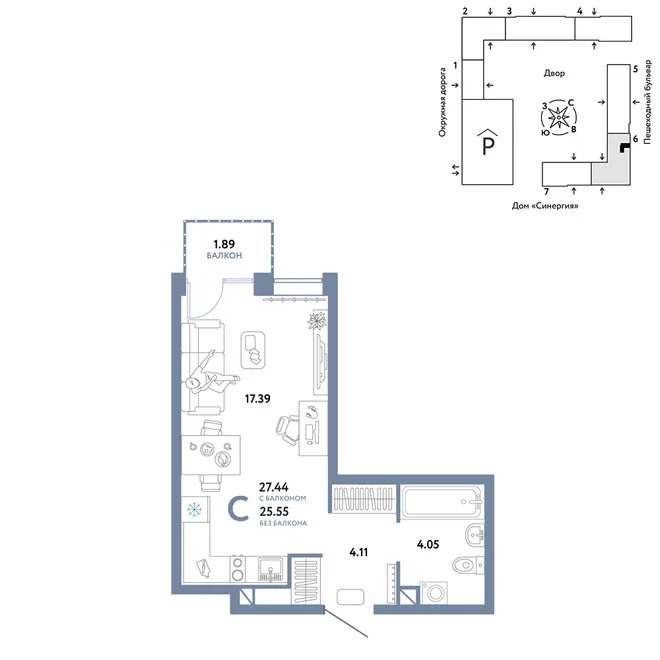 Планировка Студия, 27.44 м² ЖК «Юнион» Планировка Студия, 27.44 м² ЖК «Юнион»