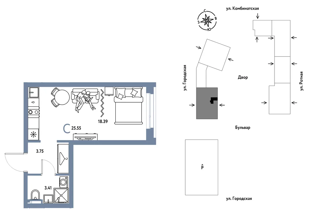 Планировка Студия, 25.55 м² ЖК «Уральский сад»