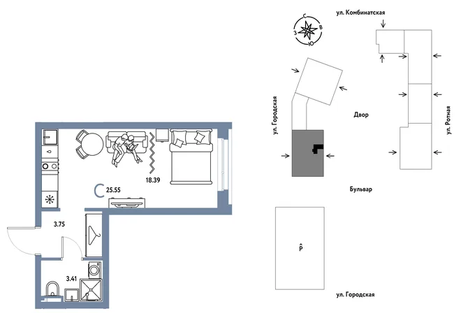 Планировка Студия, 25.55 м² ЖК «Уральский сад» Планировка Студия, 25.55 м² ЖК «Уральский сад»