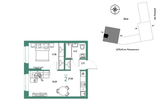 Планировка 2-комн. квартира, 37 м² ЖК «Сибирский сад»