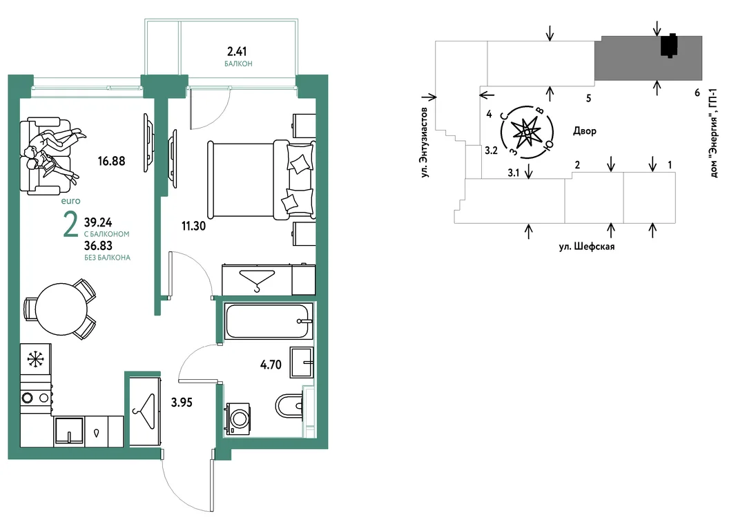Планировка 2-комн. квартира, 39.23 м² ЖК «Страна.Энтузиастов»