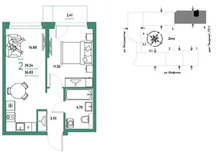 Планировка 2-комн. квартира, 39.23 м² ЖК «Страна.Энтузиастов»