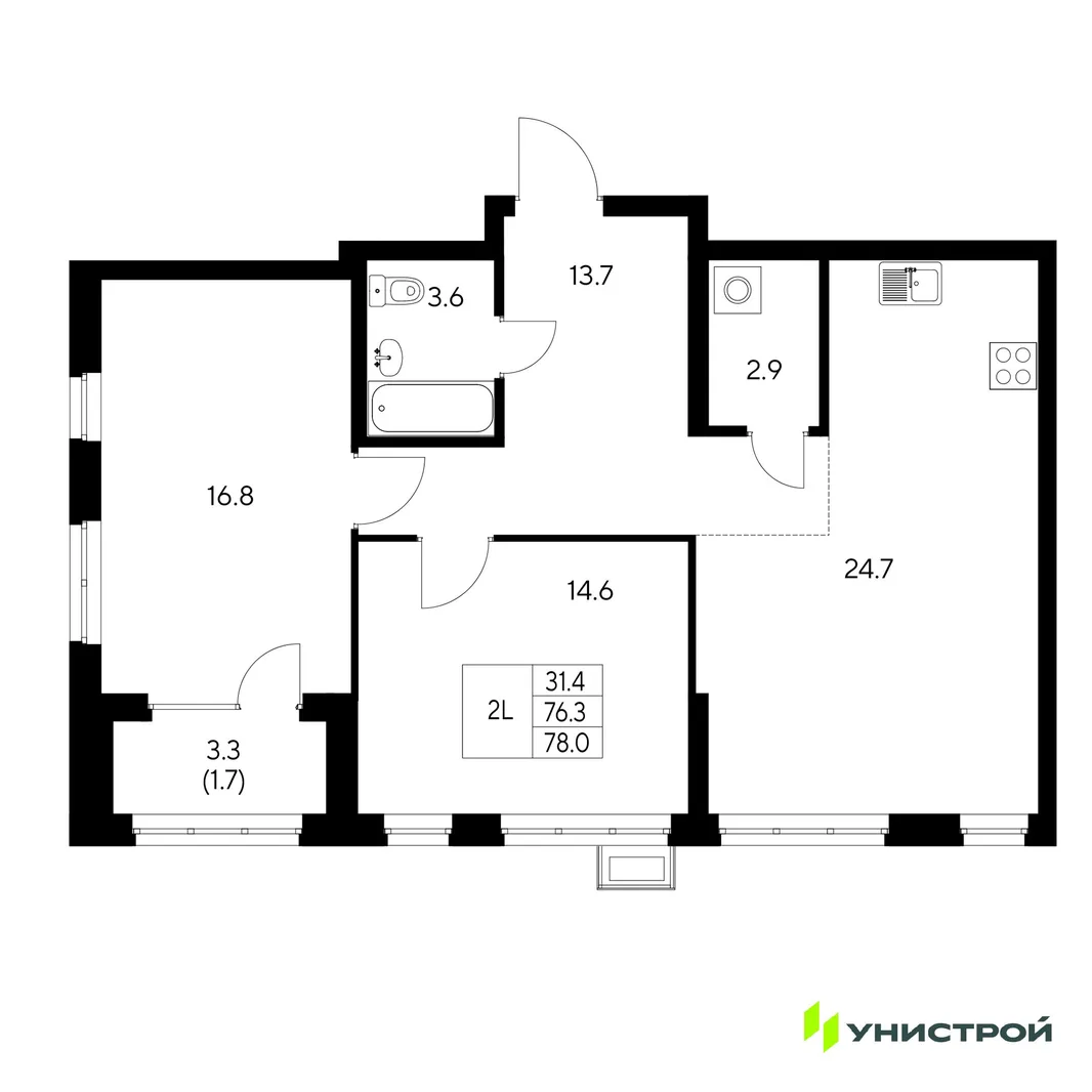 Планировка 2-комн. квартира, 78 м² ЖК «Стадиум»