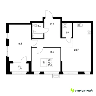 Планировка 2-комн. квартира, 78 м² ЖК «Стадиум»