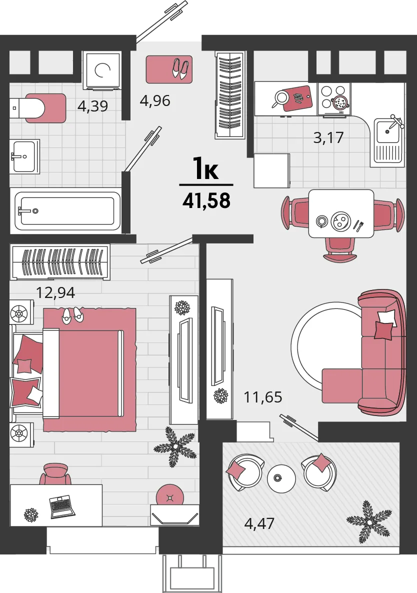 Планировка 2-комн. квартира, 41.58 м² ЖК «Родные просторы»