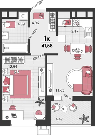 Планировка 2-комн. квартира, 41.58 м² ЖК «Родные просторы»