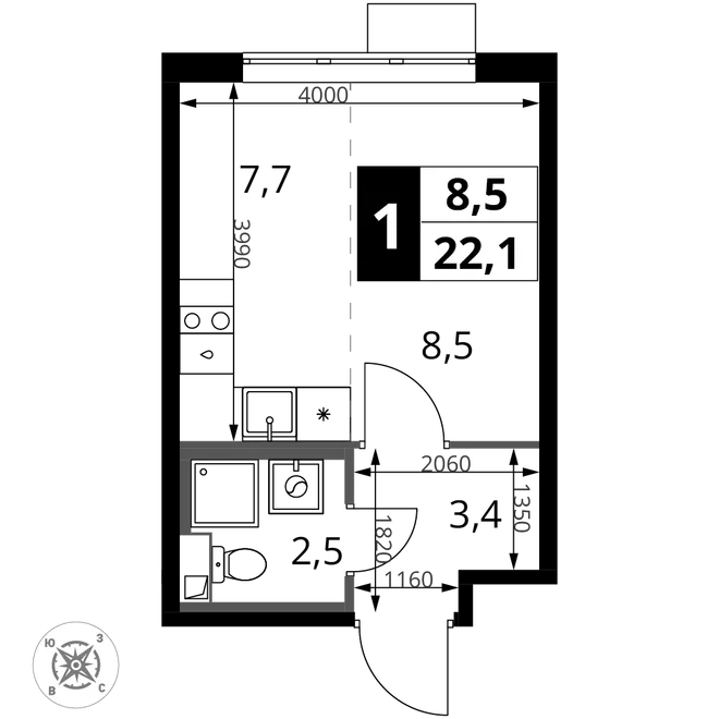 Планировка Студия, 22.1 м² ЖК «1-й Шереметьевский» Планировка Студия, 22.1 м² ЖК «1-й Шереметьевский»