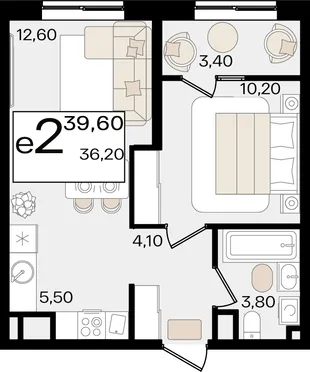 Планировка 2-комн. квартира, 39.6 м² ЖК «Патрики»