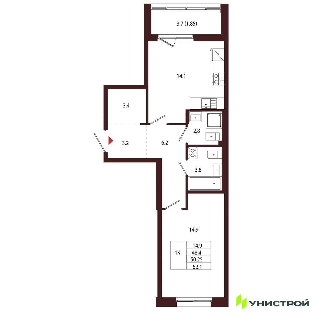 Планировка 1-комн. квартира, 50.25 м² ЖК «Лисино»
