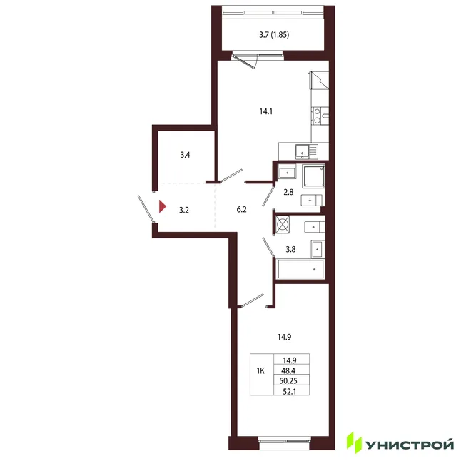 Планировка 1-комн. квартира, 50.25 м² ЖК «Лисино» Планировка 1-комн. квартира, 50.25 м² ЖК «Лисино»