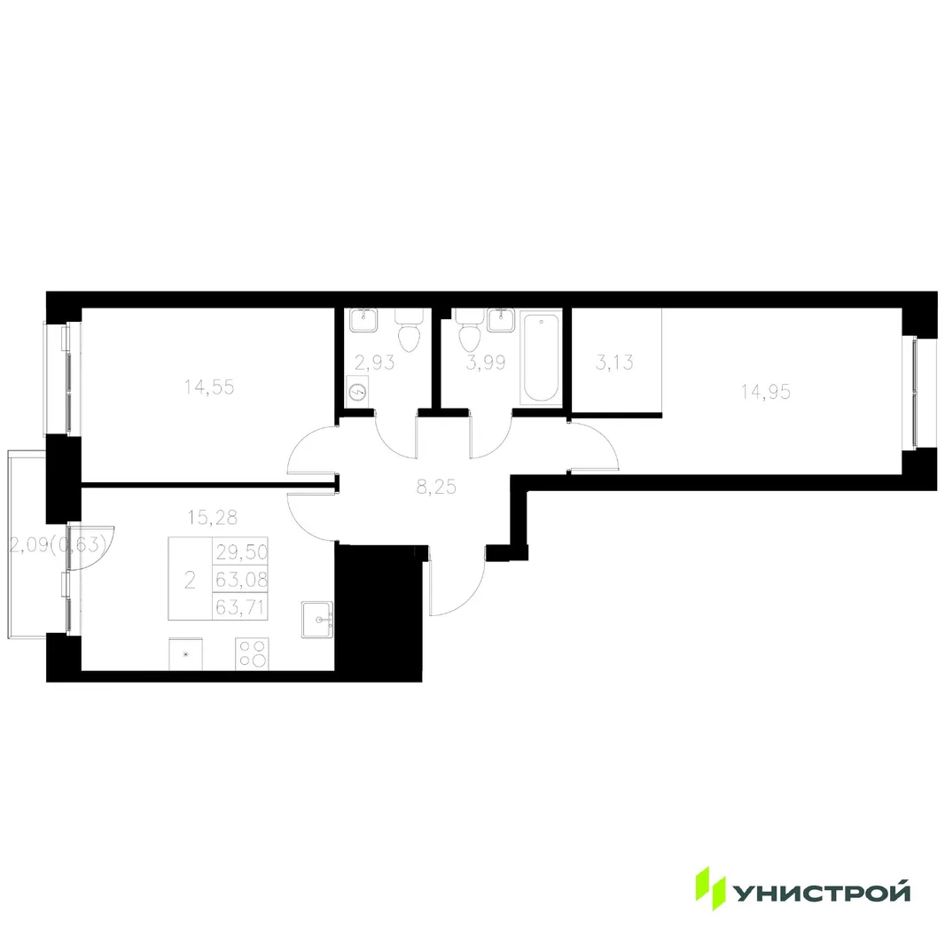 Планировка 2-комн. квартира, 63.71 м² ЖК «Statum»