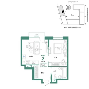 Планировка 2-комн. квартира, 39.04 м² ЖК «Микрорайон Домашний»