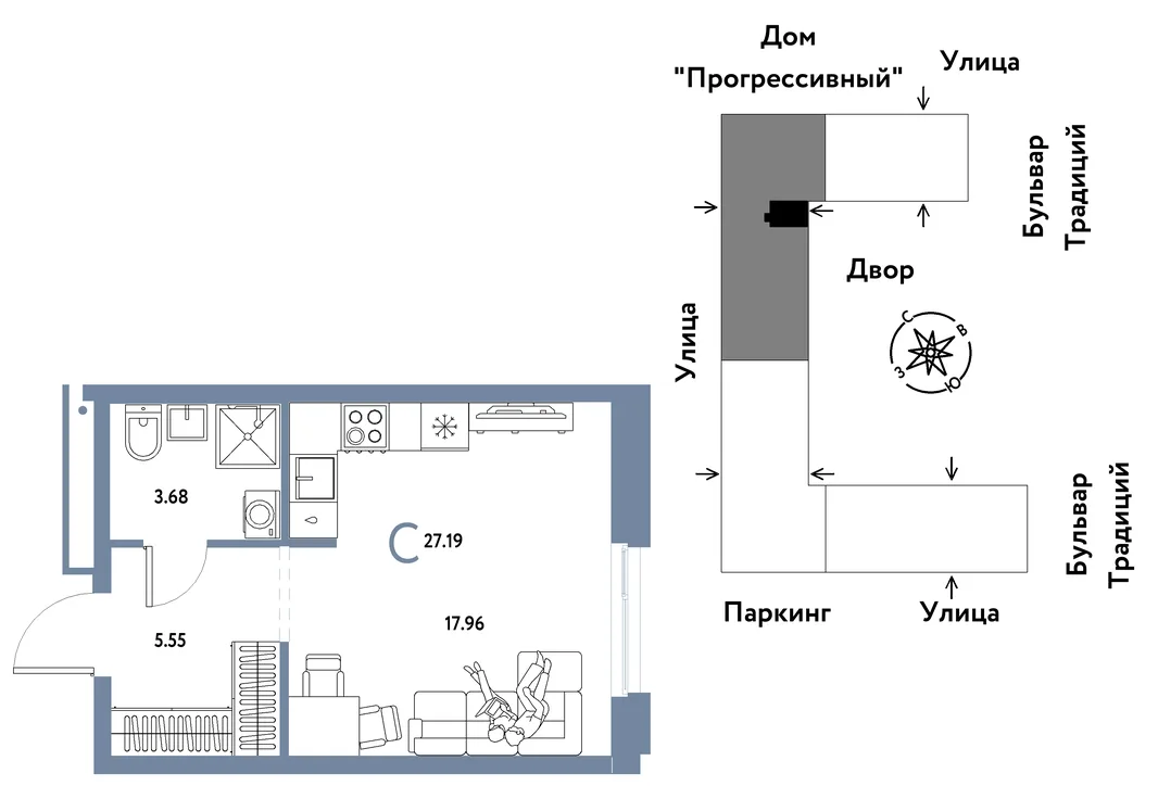 Планировка Студия, 27.19 м² ЖК «Микрорайон Домашний»