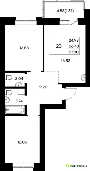 Планировка 2-комн. квартира, 57.8 м² ЖК «Царёво City»
