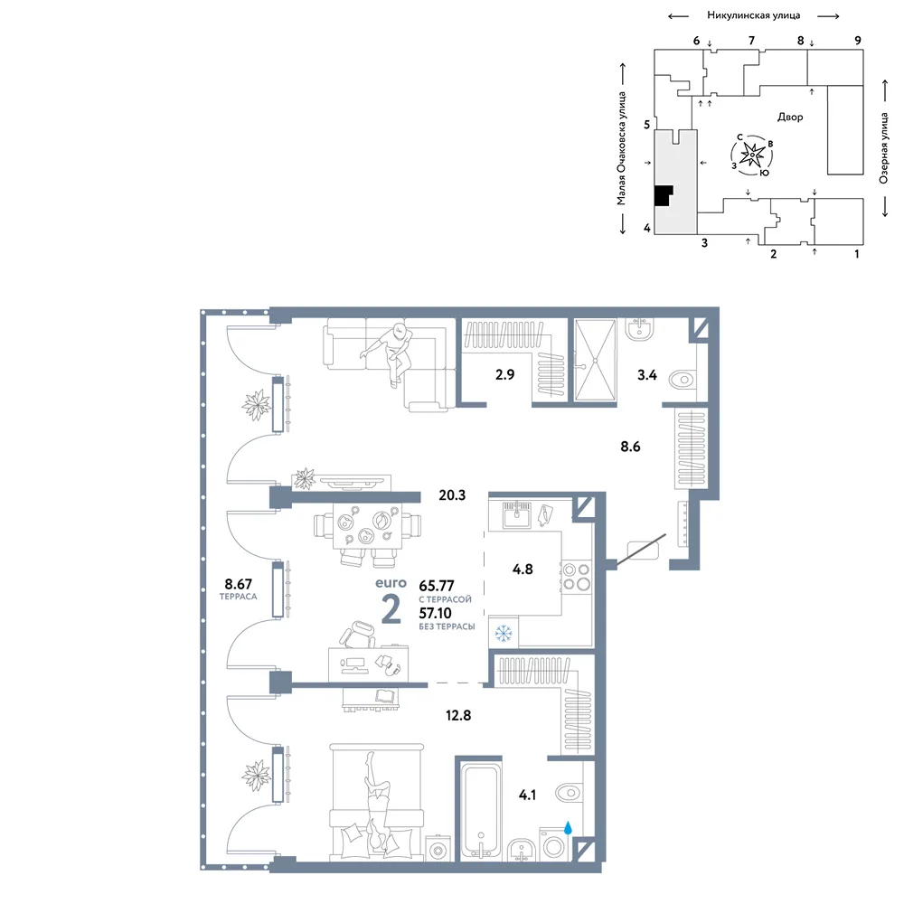 Планировка 2-комн. квартира, 65.77 м² ЖК «Страна.Озёрная»