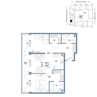 Планировка 2-комн. квартира, 65.77 м² ЖК «Страна.Озёрная»