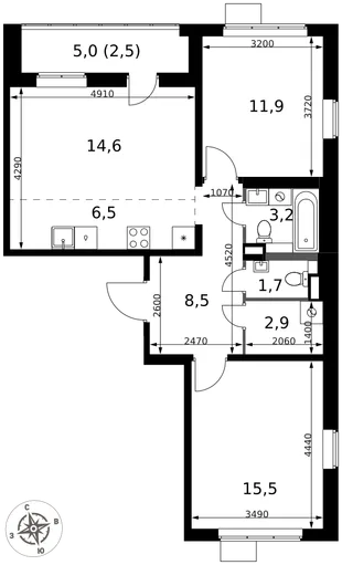 Планировка 3-комн. квартира, 67.3 м² ЖК «1-й Химкинский»