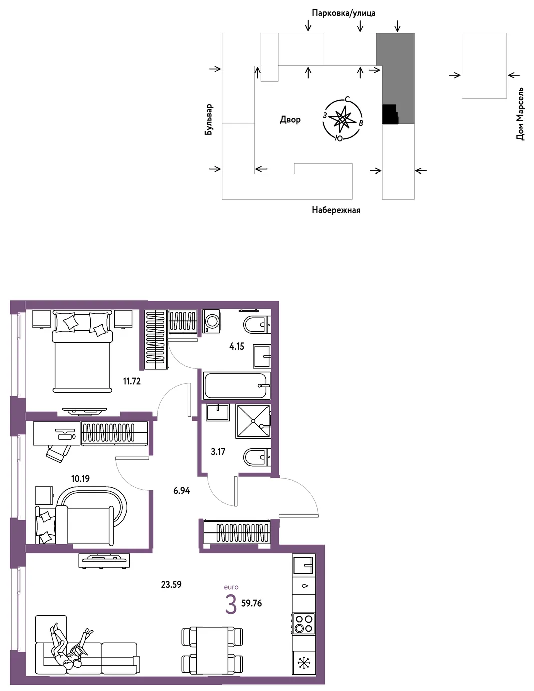 Планировка 3-комн. квартира, 59.76 м² ЖК «Европейский берег 2.0»