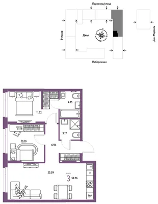 Планировка 3-комн. квартира, 59.76 м² ЖК «Европейский берег 2.0»