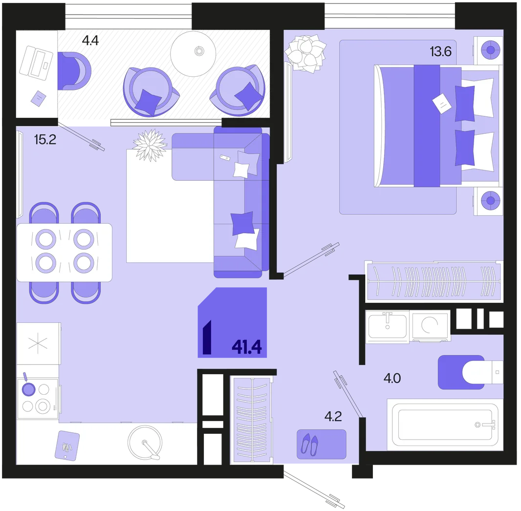Планировка 1-комн. квартира, 41.4 м² ЖК «Первое место»