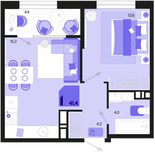 Планировка 1-комн. квартира, 41.4 м² ЖК «Первое место»