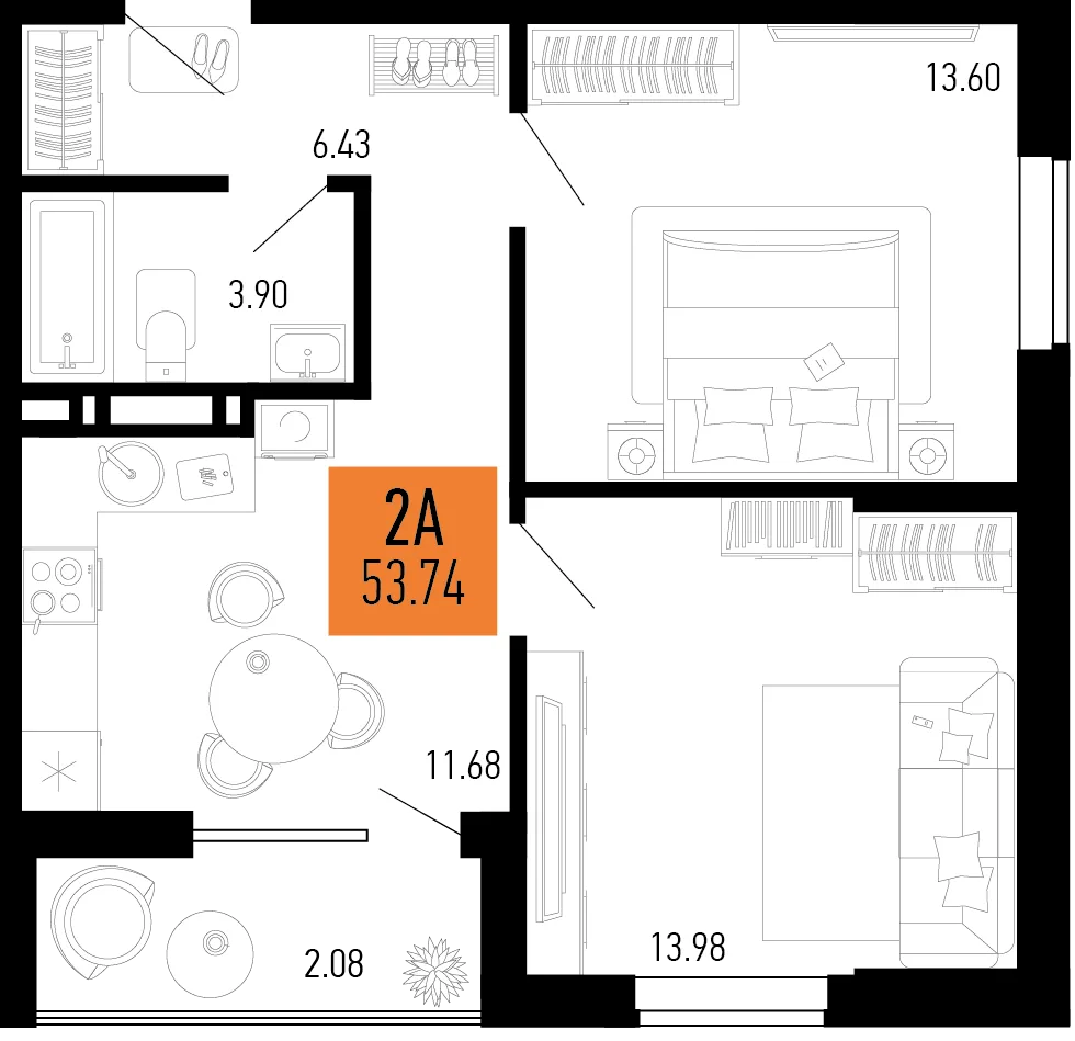 Планировка 2-комн. квартира, 53.74 м² ЖК «Столицыно»
