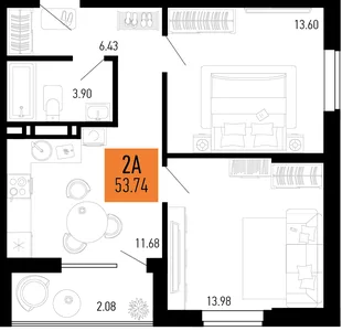 Планировка 2-комн. квартира, 53.74 м² ЖК «Столицыно»