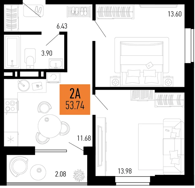 Планировка 2-комн. квартира, 53.74 м² ЖК «Столицыно» Планировка 2-комн. квартира, 53.74 м² ЖК «Столицыно»